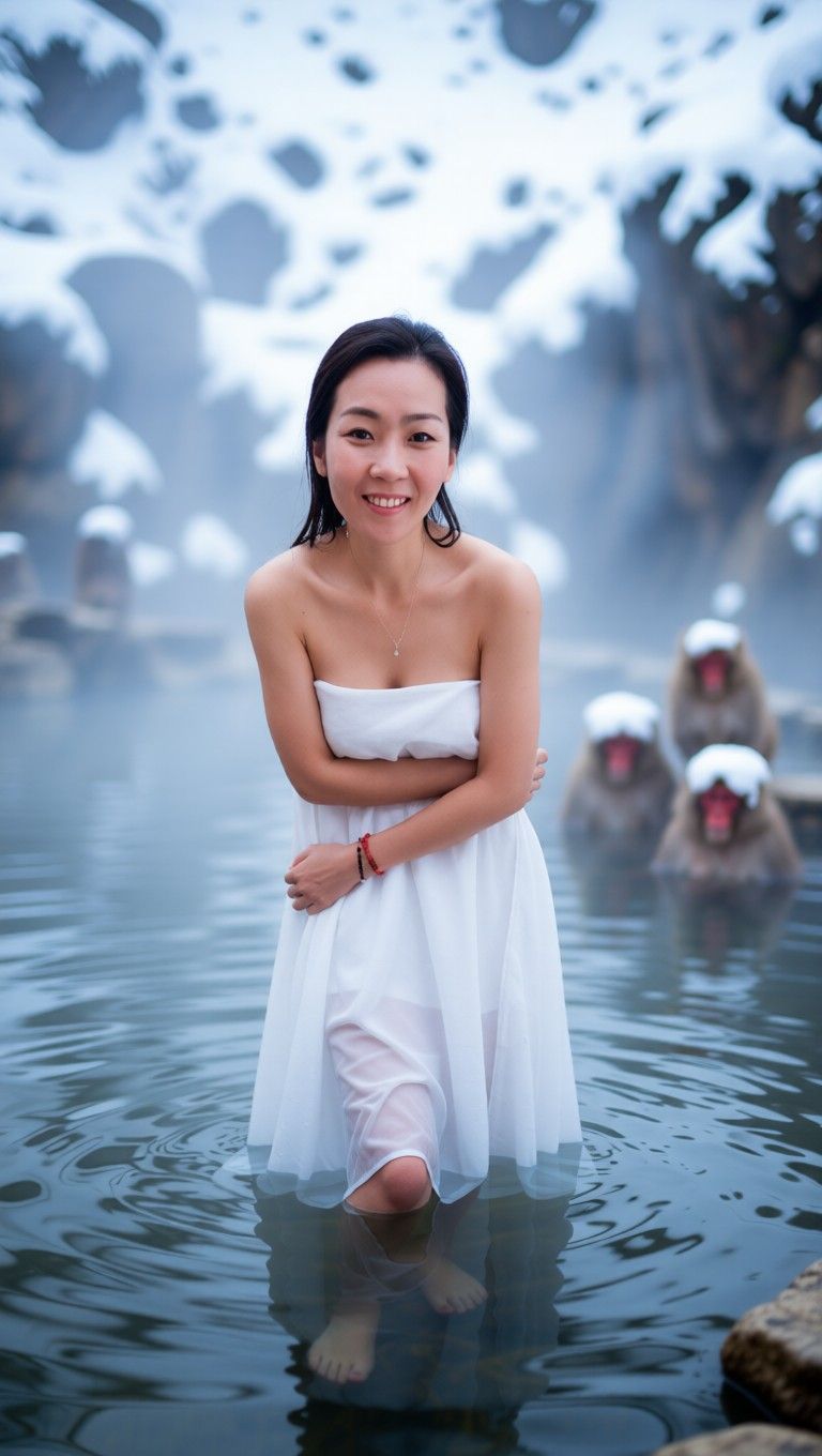 AI edited: <?= htmlspecialchars(Change background into an outdoor onsen hot pool with hot steam emitting from the water. The lady slowly getting into the water showing the bottom of the towel being soaked wet. In the background show blurred/bokeh Japanese macaque also soaking the hotwater with snow on their head., ENT_QUOTES) ?>