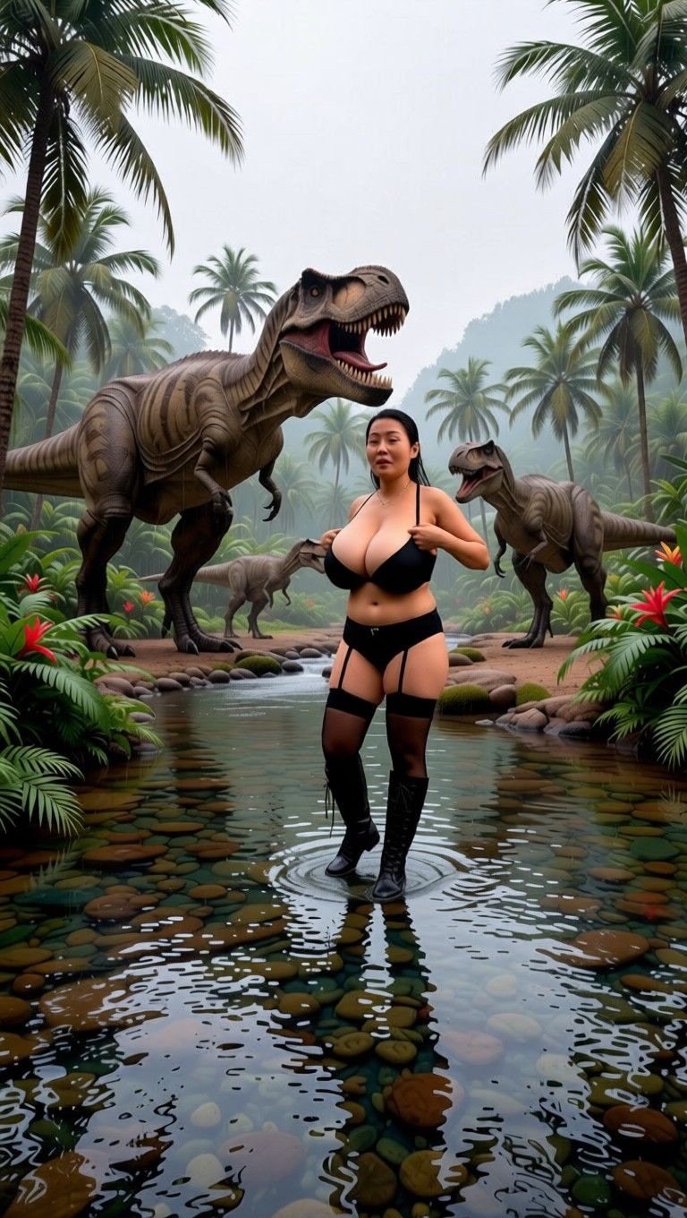 AI edited: <?= htmlspecialchars(Prompt 1: Change background to Jurassic park with couple of dinosaurs, change her clothes to black bra and black g string and boots, change land to water stream with tropical weather
Prompt 2: Make her boobs bigger, ENT_QUOTES) ?>