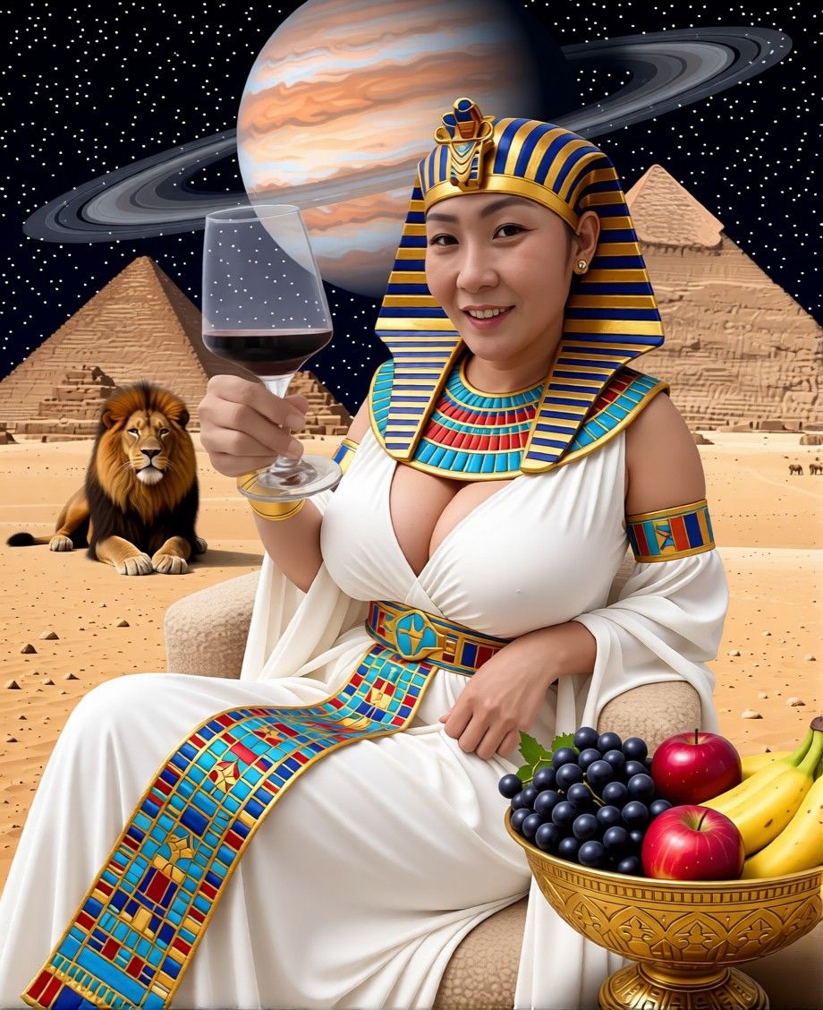 AI edited: <?= htmlspecialchars(Prompt 1: Change background to Egyptian pyramids , change her clothes to Egyptian princess and add a golden bowl full of black grapes, apple, banana, also add a male lion in the back ground and add planet Jupiter in the sky and make her boobs large, ENT_QUOTES) ?>
