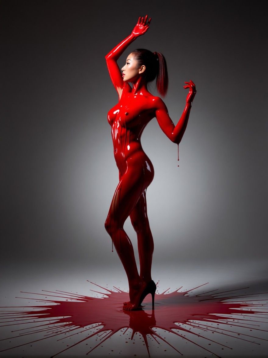 AI edited: <?= htmlspecialchars(A dramatic, high-contrast studio portrait of a woman standing in elegant side profile. Her body is artfully coated in vivid, glossy red body paint that drips down her form, catching the soft, diffused light in the minimalistic studio. Her pose is expressive and sculptural — one arm raised above her head, the other curved with grace, highlighting the elegant lines of her silhouette. The background is neutral, focusing all attention on the interplay between light, paint, and form. The floor beneath reflects the gloss of the paint, creating a painterly atmosphere. The mood is bold, artistic, and contemporary, emphasizing texture, form, and vibrant contrast., ENT_QUOTES) ?>