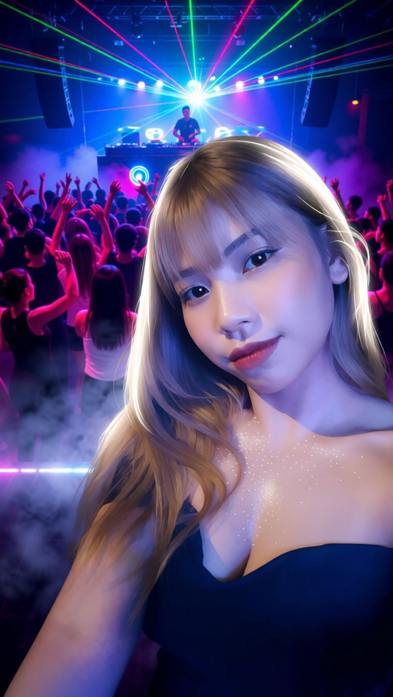 AI edited: <?= htmlspecialchars(change background into a crowded-club with DJ performing and laser-show in the far background. In the mid-ground shows crowd dancing with dry-ice mist emitting from the edge of the dance floor. She is slight sweaty on her chest. There is light to highlight her hair., ENT_QUOTES) ?>