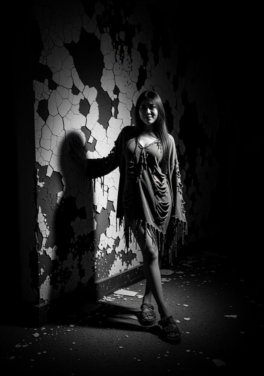 AI edited: <?= htmlspecialchars(Prompt 1: Keep the woman’s pose, body shape, and general appearance the same, but transform the entire scene into a gritty, high-contrast, dramatic look. Change her elegant black dress into old, torn, ragged clothing with frayed edges and holes. Change her shoes into very old, worn-out sandals. Replace the clean hotel background with an old, run-down room with cracked walls, peeling paint, uneven lighting, and rough textures. Add strong shadows, sharp contrast, and a moody, cinematic tone. Make the environment feel abandoned or forgotten, while keeping her expression and posture unchanged., ENT_QUOTES) ?>