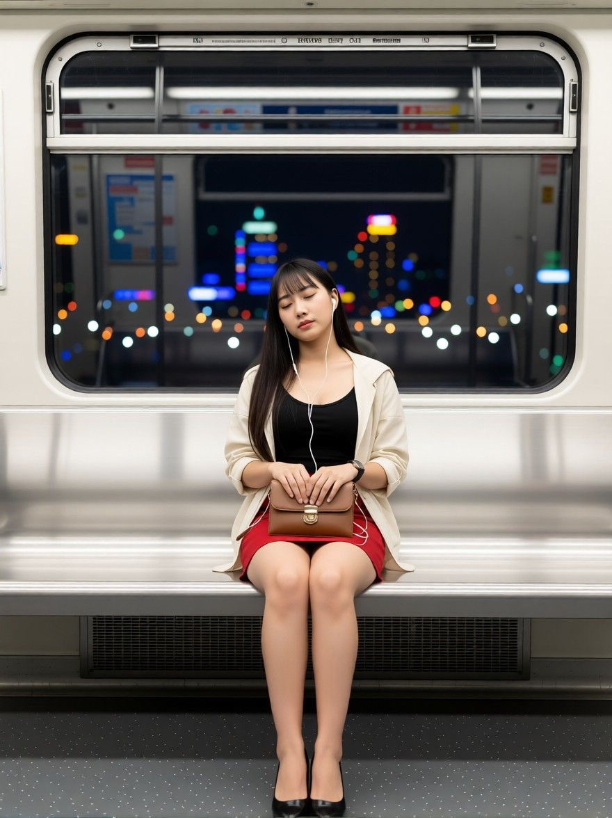 AI edited: <?= htmlspecialchars(A photo-realistic shot of the uploaded woman in a red mini skirt, black top and light jacket, seated in the metro. She holds a small handbag on her lap and has earbuds in, listening to music. The city lights flicker through the window behind her, and her expression is calm, as if drifting between sleep and thought.  Camera is zoomed out far enough that we can see her entire body, including her shoes., ENT_QUOTES) ?>