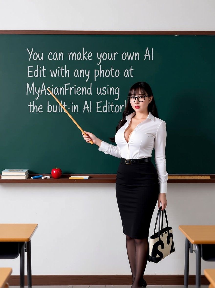 AI edited: <?= htmlspecialchars(Prompt 1: Maintain the woman’s exact face, expression, and pose.  Transform this scene into a stylish classroom. Change her outfit into a sexy teacher look: tight white blouse slightly unbuttoned showing cleavage, large breasts, black pencil skirt, thin black belt, sheer pantyhose, and heels. Add black-rimmed glasses. Replace the back wall with a large classroom chalkboard. Write on the chalkboard in big, clean chalk writing: ‘You can make your own AI Edit with any photo at MyAsianFriend using the built-in AI Editor!’ Keep the lighting soft and flattering. Add subtle classroom props on the shelf like books, chalk, an apple, and a ruler. Maintain her handbag but restyle it to match the teacher theme. Overall vibe: bold, polished, sexy, high-contrast, wow-factor.  extend her arm with her holding a wooden teacher’s pointer stick pointing it at the board., ENT_QUOTES) ?>