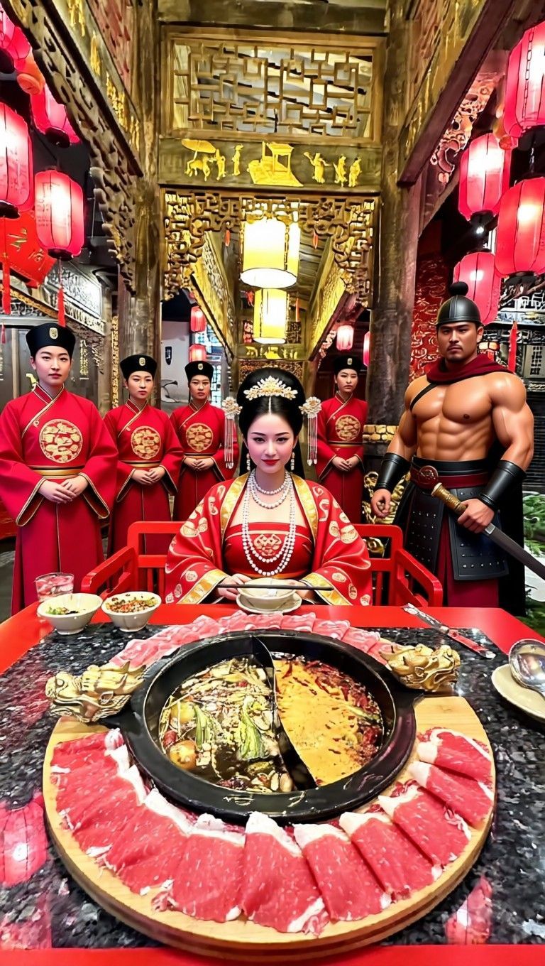 AI edited: <?= htmlspecialchars(Rotate and rectify the level of this tilted photo. Change her outfit into ancient Chinese princess with pearls accessories. Behind her are some ancient chinese service staff dressed in their palace outfit, waiting to serve the lady. In addition, to have a muscular ancient chinese general, armed with a sword, as her bodyguard., ENT_QUOTES) ?>