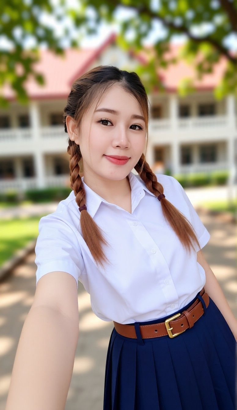 AI edited: <?= htmlspecialchars(She dons a cute Thailand university school girl uniform with white blouse and dark blue pleated, knee-length skirt.  She has a brown leather belt with gold buckle. Her background is a bokeh thailand school university environment in an outdoor setting., ENT_QUOTES) ?>