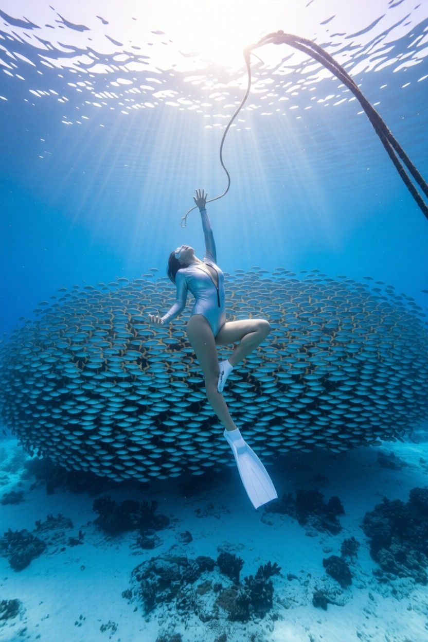 AI edited: <?= htmlspecialchars(Refine the background with her in the middle of a sardine bait ball. Change her outfit into a tight one-piece swimsuit with high cutting up beyond the hips. She wears a silver-colour long sleeve neoprene wetsuit jacket over her one-piece swimsuit with front zip partially unzipped to show her cleavage. She wears a pair of white-coloured long free-diving fins. The sunlight shines through the water and creates a sun glare to the image., ENT_QUOTES) ?>