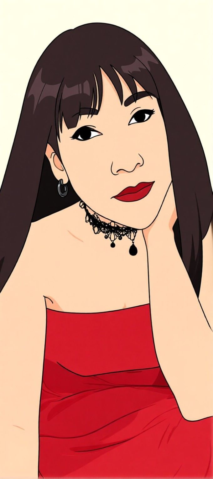 AI edited: <?= htmlspecialchars(Prompt 1: Add a subtle, elegant black lace choker necklace over the existing necklace to enhance the upper chest area and complement the sleek red dress., ENT_QUOTES) ?>