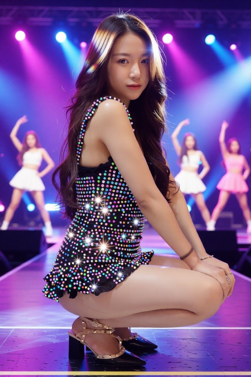 AI edited: <?= htmlspecialchars(Change background into a concert stage like a Korean-pop performance. Have stage lights and other K-pop dancers in the background. Add more blinks and shiny diamonds onto her dress. Refine her makeup with a light Korean-vibe. Add highlight to her hair., ENT_QUOTES) ?>