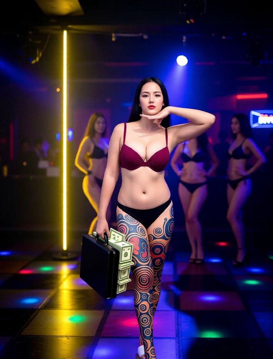 AI edited: <?= htmlspecialchars(Prompt 1: Change her clothes to maroon bra and black thong, remove her cap and change the background to strip club and add yellow ferry lights to pole, also make her boobs large, change the floor to dance floor and add few ladies in the back ground in bra and panty
Prompt 2: Change her handbag to a briefcase full of cash and add tattoos on her legs, ENT_QUOTES) ?>