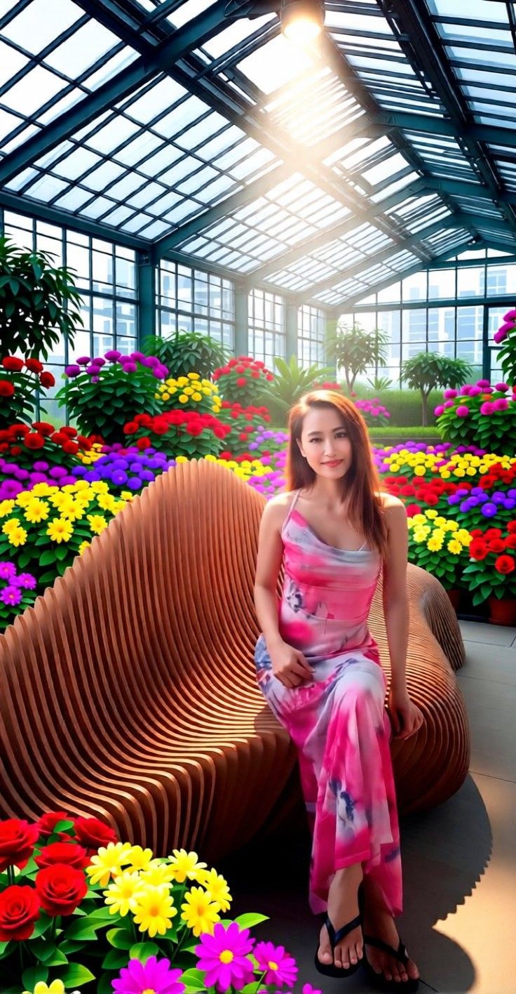 AI edited: <?= htmlspecialchars(Prompt 1: The lady is seated on the bench in a beautiful indoor greenhouse with flowers in the background and foreground. There is spotlight in the ceiling to lit up and highlight her hair. She is wearing a black high-heels
Prompt 2: She is wearing black heels, ENT_QUOTES) ?>
