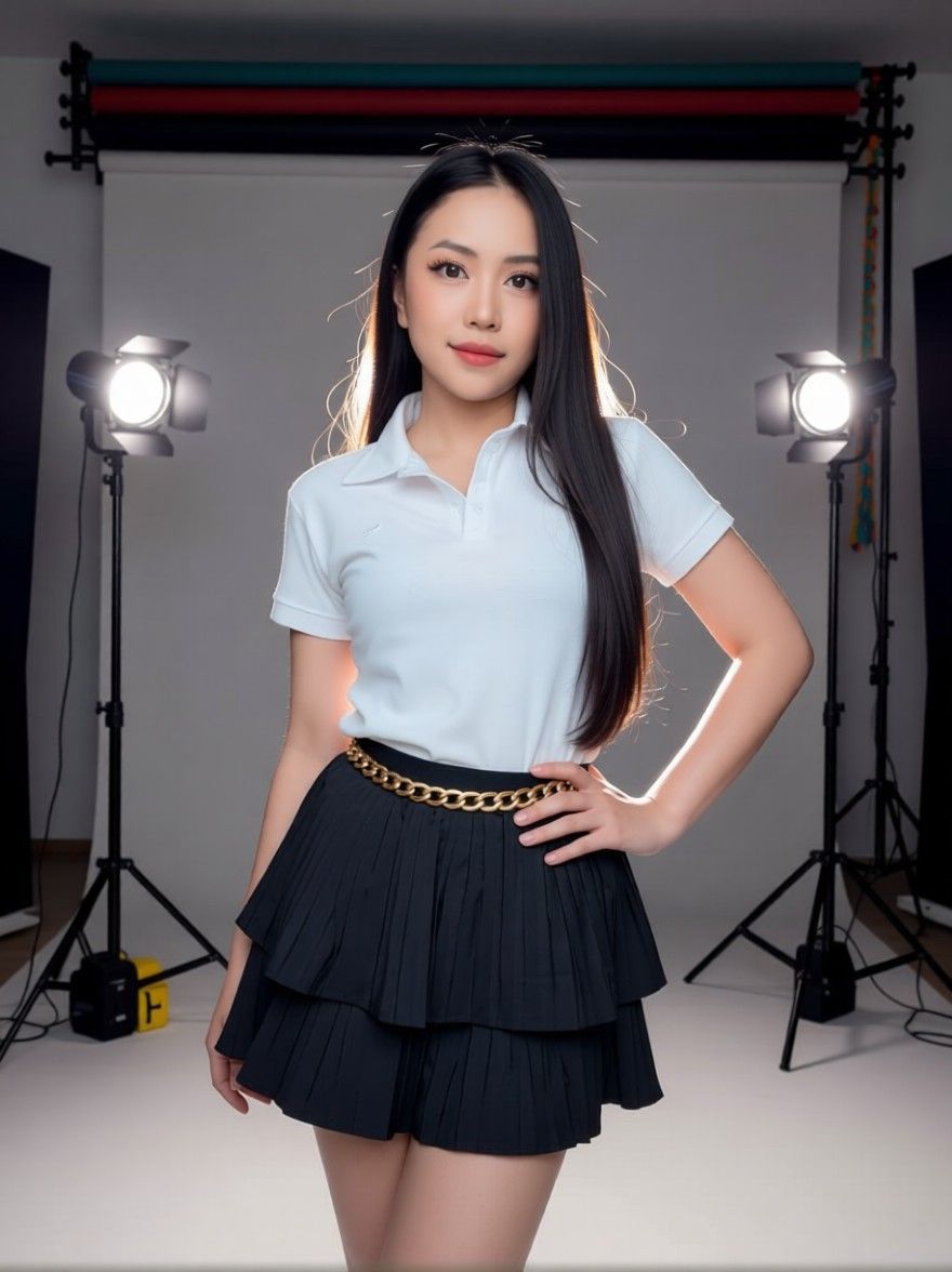 AI edited: <?= htmlspecialchars(Prompt 1: No change to her face. Her left hand is on her waist. She is wearing a gold chained belt. Change background to a magazine photoshoot studio with studio equipment and lightings in the background. There is backlight to her body and highlight on her hair. Shorten the skirt., ENT_QUOTES) ?>