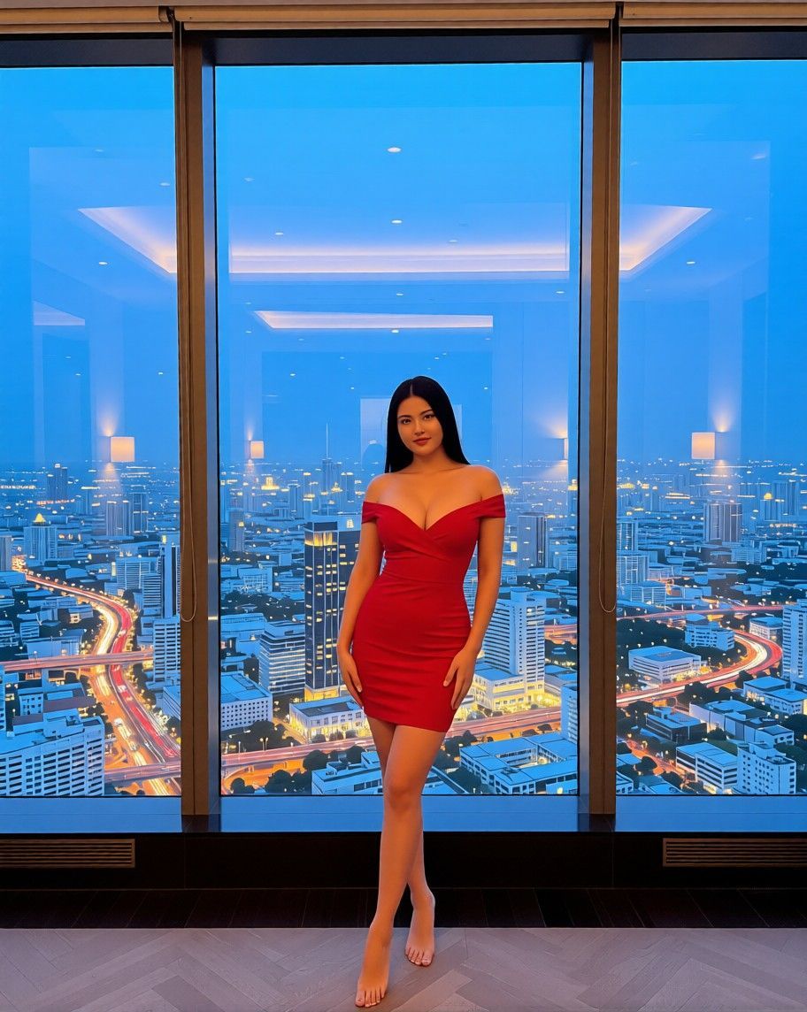AI edited: <?= htmlspecialchars(Change background into the luxury sky room of the Baiyoke Sky Hotel, showing the full length window and the skyline of Bangkok. Change her outfit into a red body-hugging dress that accentuate her good body and cleavage. The red dress will bare her shoulders and is short in length to show her beautiful bare thigh (no stocking). no change to her face., ENT_QUOTES) ?>