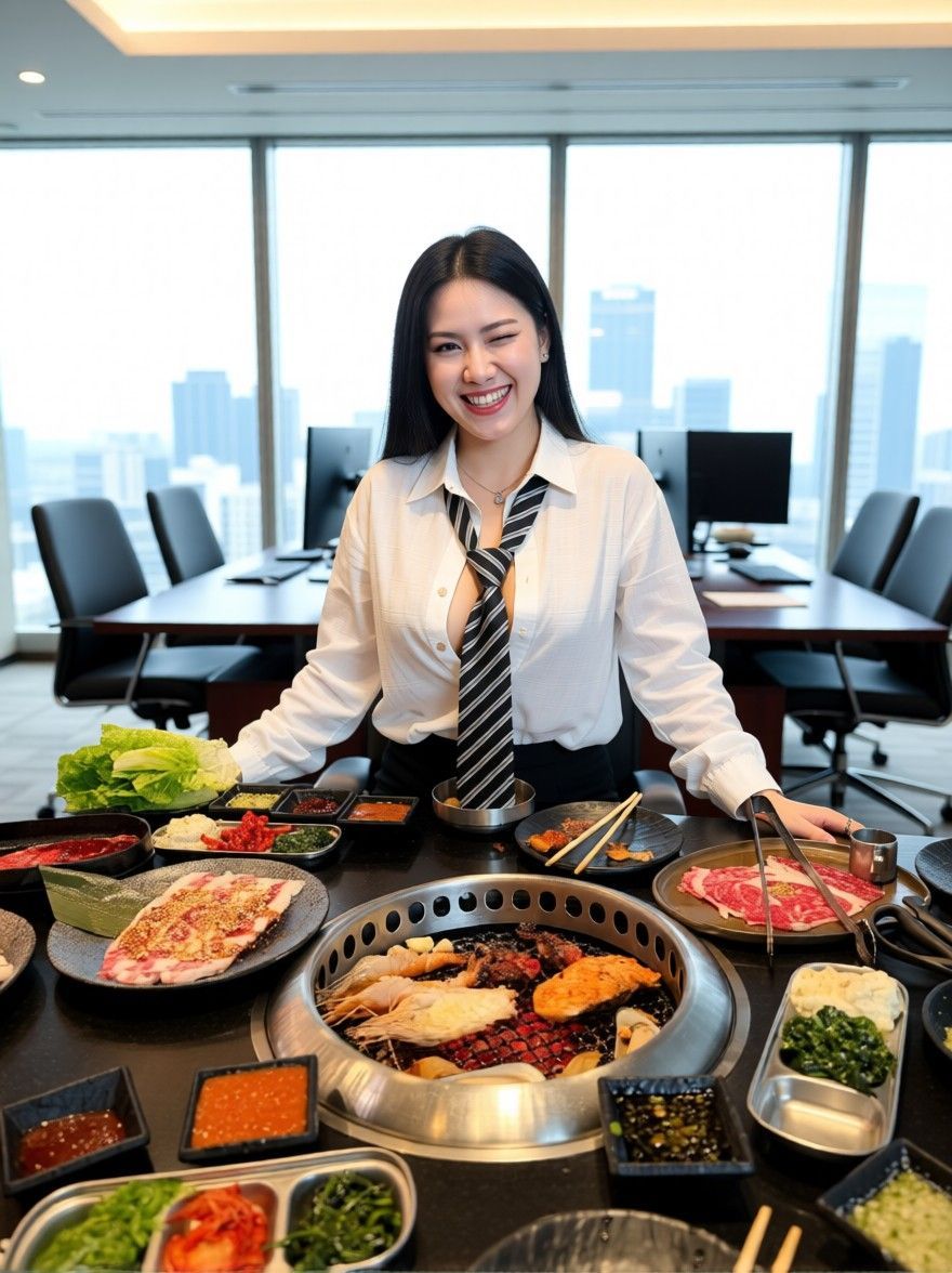 AI edited: <?= htmlspecialchars(Change the environment into a high class office, and have the girl pose as a secretary with playful smile, wearing a see through white shirt and loose tie, with top buttons opened to show her cleavage., ENT_QUOTES) ?>