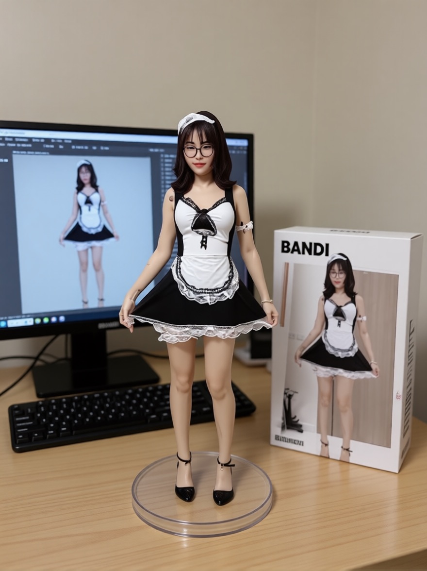 AI edited: <?= htmlspecialchars(Create a 1/7 scale commercialized figure of the girl in the provided photo, styled in her maid cosplay outfit. Render the figure in a realistic style and environment. Place the figure on a computer desk, mounted on a circular transparent acrylic base without any text.

On the computer screen, display the ZBrush modeling process of this maid figure. Next to the computer screen, place a BANDAI-style toy packaging box featuring the original maid cosplay photo as its printed artwork., ENT_QUOTES) ?>