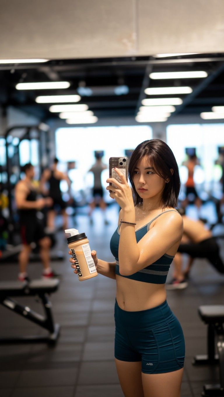 AI edited: <?= htmlspecialchars(Change background into a gym with gym-goers working out in the bokeh background. Change her shorts into a hot running shorts that matches her sports bra. Refine definition of her abs and give more tone. Her right hand holding on to a bottle of protein shake. Her body is sweaty from the workout., ENT_QUOTES) ?>