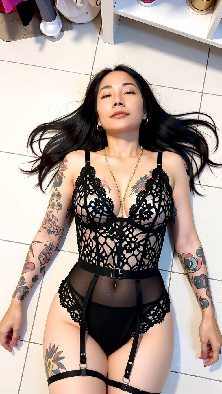 AI edited: <?= htmlspecialchars(A long black haired Asian woman with a lot of body tattoos is lying on a tiled floor, wearing black lace and mesh lingerie. The lingerie consists of a black lace and mesh plunging bra with lace and mesh which accentuates her large breasts, high cut thong with spaghetti strapped waist band, ENT_QUOTES) ?>