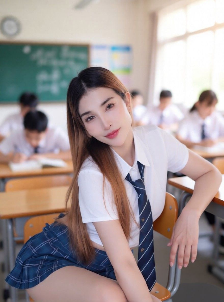 AI edited: <?= htmlspecialchars(Prompt 1: No change to her face, no change to pose. Change setting to a classroom with students in the background are bokeh. Her tie is loose.
Prompt 2: She is seated on a chair and hand on desk., ENT_QUOTES) ?>