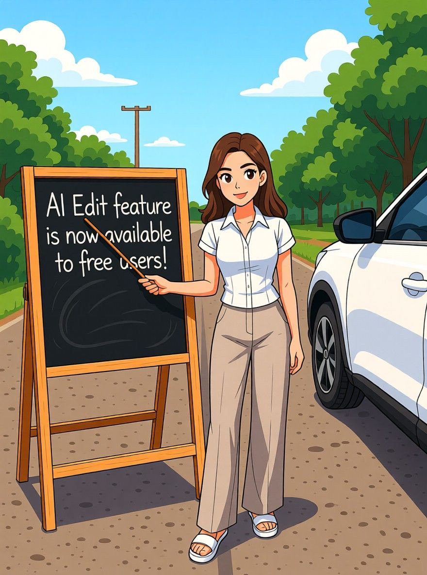 AI edited: <?= htmlspecialchars(Prompt 1: Maintain the woman’s exact face, expression, and pose.  Add a chalkboard behind and to the left of her. Write on the chalkboard in big, clean chalk writing: ‘AI Edit feature is now available to free users!’  Extend her arm with her holding a wooden teacher’s pointer stick pointing it at the board., ENT_QUOTES) ?>