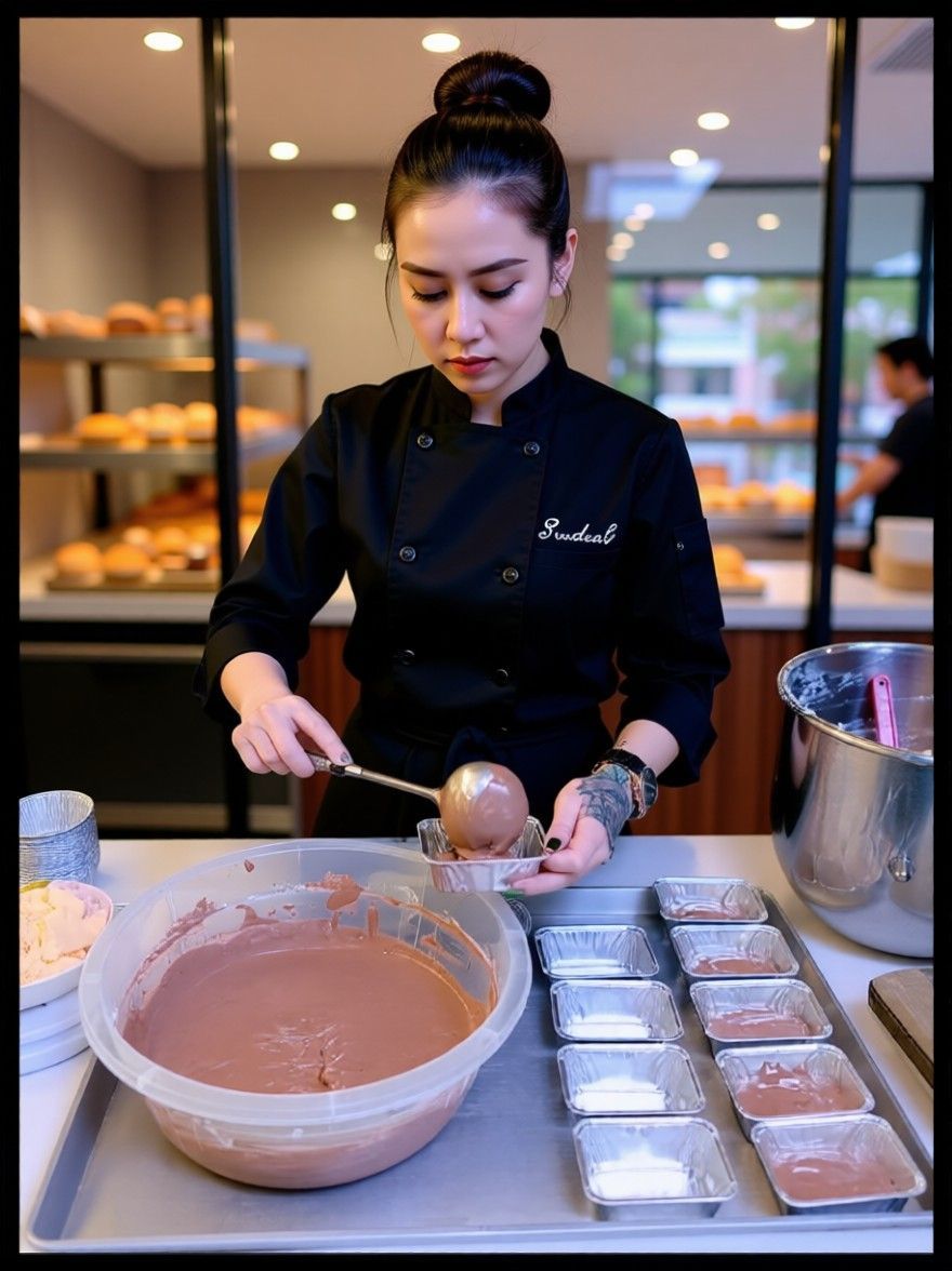 AI edited: <?= htmlspecialchars(Change background into a professional high-end bakery's kitchen with glass window to enable the bakery's customer can see her work. She will be donning a professional chef jacket with her name "Nadear" embroidered onto her black chef jacket's right chest pocket. Long sleeve, but folded to show her forearms. Her hair neatly bun-up, with light highlighting her hair., ENT_QUOTES) ?>