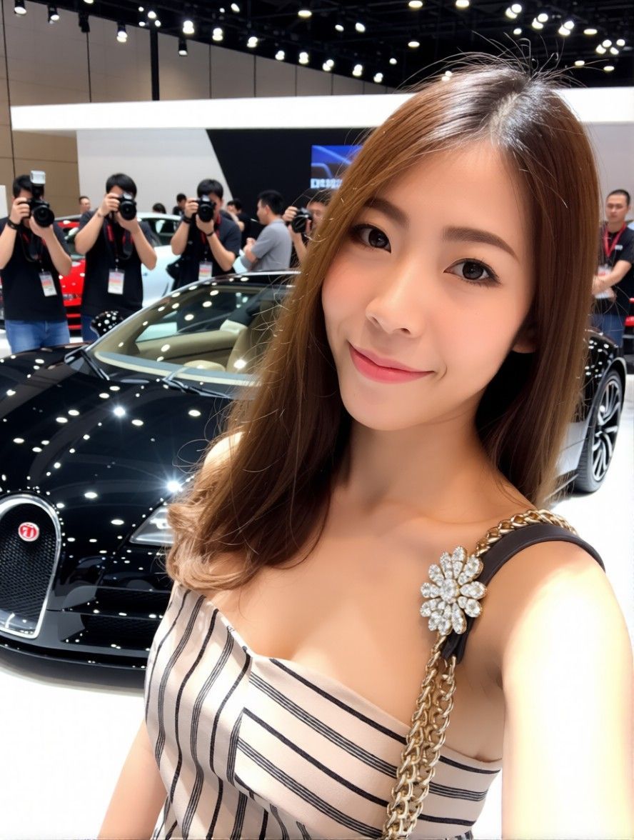 AI edited: <?= htmlspecialchars(Change background into a car exhibition, displaying a bugatti luxury car without any logo. Brighten up her face. Add a brooch made with diamond shaped into the bugatti car. In the background, show photographers more interested taking photos of the lady than the car., ENT_QUOTES) ?>