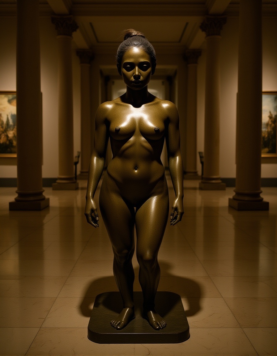 AI edited: <?= htmlspecialchars(Remove her tattoo and change her into a nude bronze statue in a surreal museum scene.  Keep her hair, pose and facial features exactly the same.  Dramatic lighting casts elongated shadows across marble floors, with reflections shimmering on polished surfaces. The museum interior is grand and timeless, blending classical architecture with dreamlike distortions—columns bending subtly, paintings floating slightly off the walls. Shot with a cinematic lens, shallow depth of field, rich textures, and surreal color grading., ENT_QUOTES) ?>