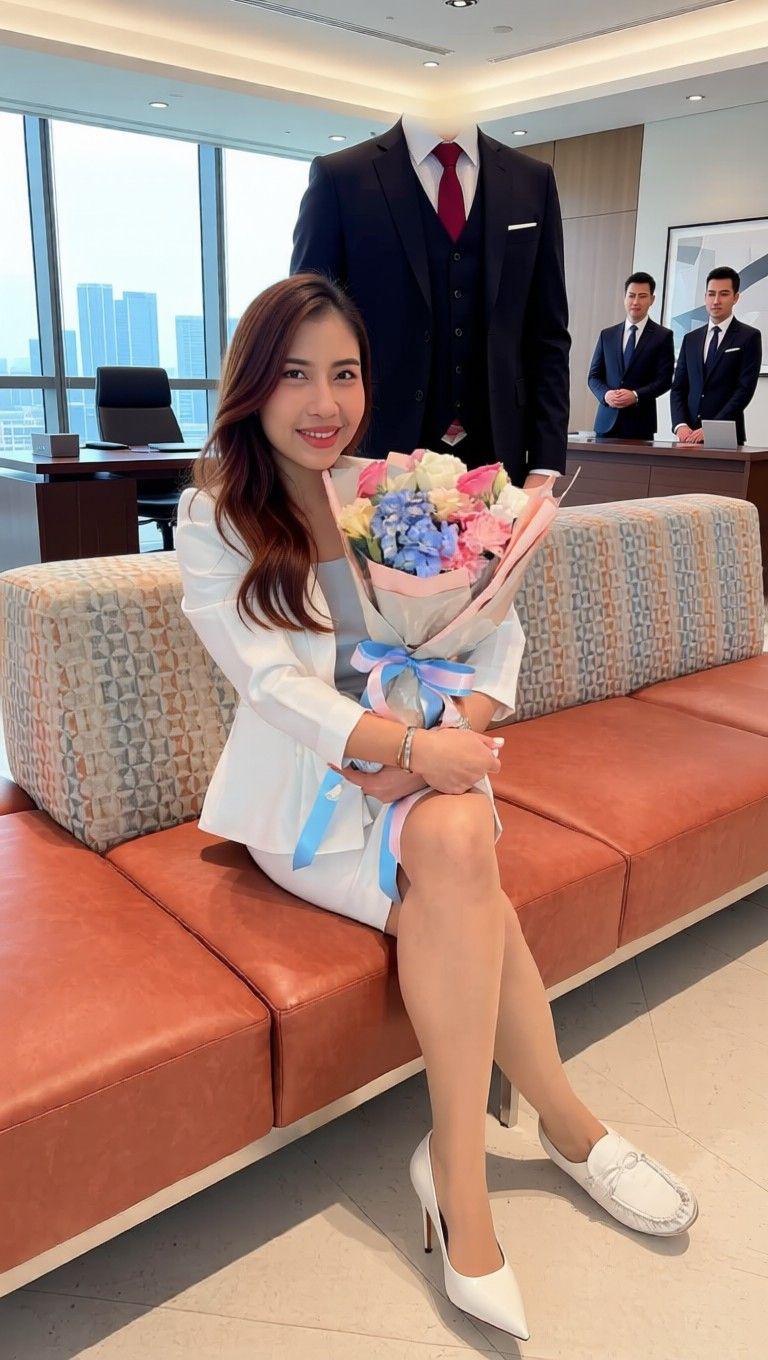 AI edited: <?= htmlspecialchars(Change environment into a high-class office setup. Change her shoes into white-coloured high heels that suits office-lady (OL). Let her hair loose and left natural. Have a handsome man (with face cropped off) dressed in suit with inner vest and tie standing behind her. In the further background show men behind envy and wanting to court her., ENT_QUOTES) ?>