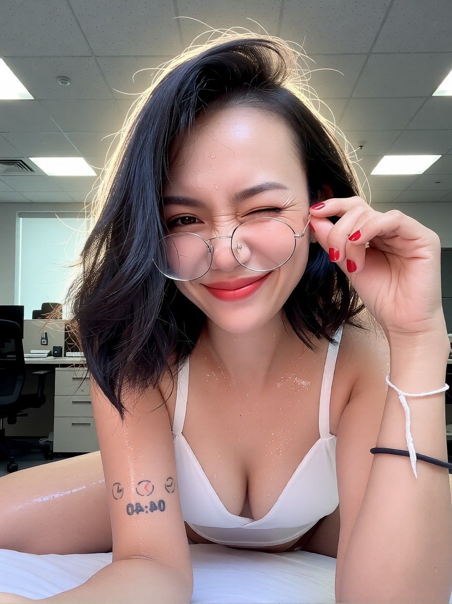 AI edited: <?= htmlspecialchars(she winks and give a seductive smile, maintaining here spectacles. Minimal change to her face. change background into an office setting. she is sweating and her body is wet with her sweat. Add backlight glow to the lady., ENT_QUOTES) ?>