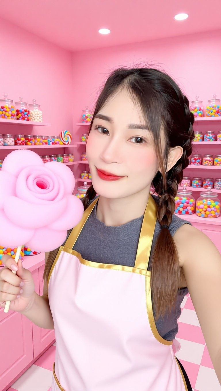 AI edited: <?= htmlspecialchars(Change the background into a sweet pink candy factory. Add a cute-looking apron on her with gold straps, making her look like the store owner. Add a flower-shaped candy floss., ENT_QUOTES) ?>