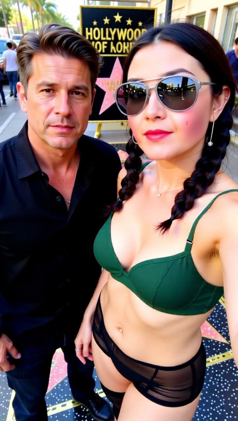 AI edited: <?= htmlspecialchars(Prompt 1: Change her clothes to dark green bra and black sheer thong, change the back ground to Hollywood walk of fame with Tom Cruise and her click selfie and change her spectacle to grey aviators
Prompt 2: Add a dimple to her cheeks, ENT_QUOTES) ?>