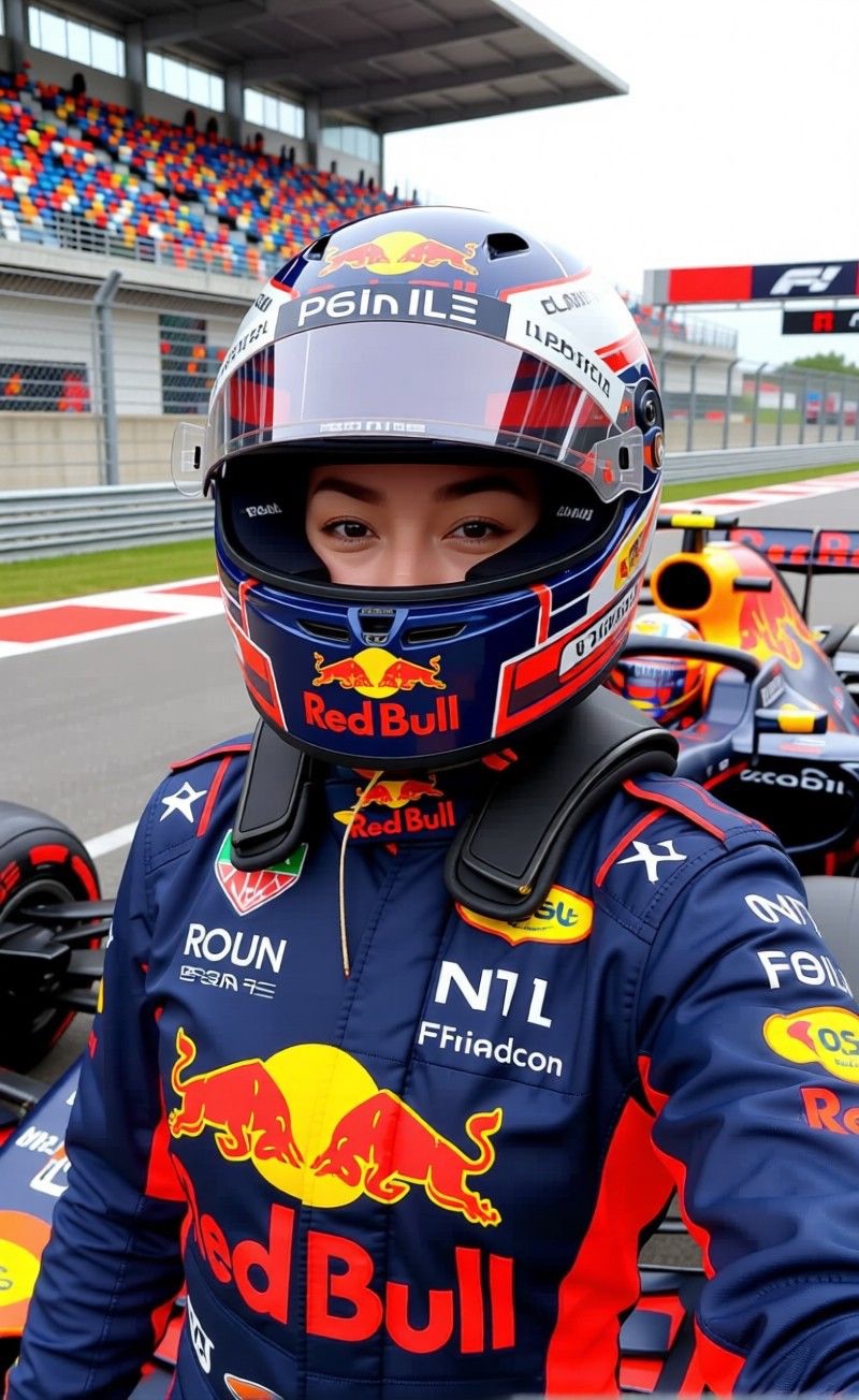 AI edited: <?= htmlspecialchars(Prompt 1: Change the background to F1 race and change her clothes to f1 race uniform of red bull racing team, add helmet and change the car to F1 car, ENT_QUOTES) ?>