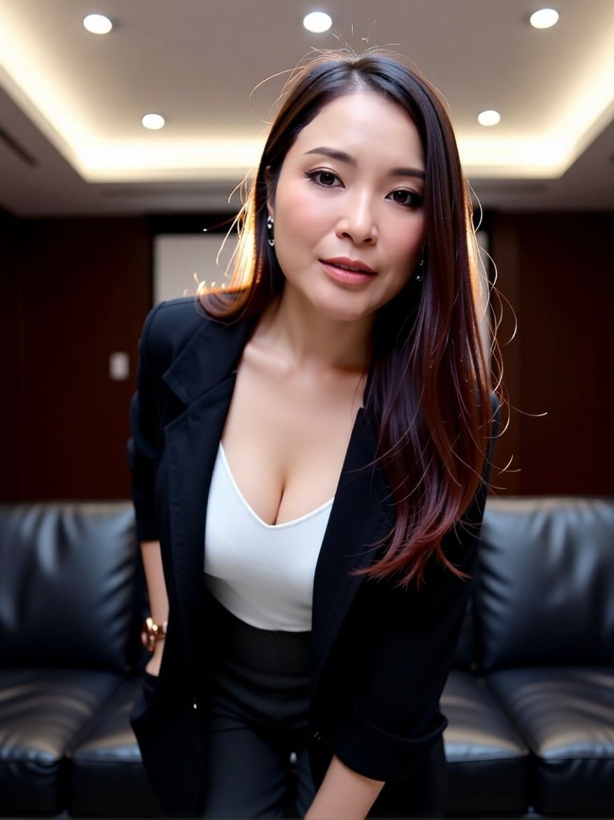AI edited: <?= htmlspecialchars(The lady is opens up her blazer jacket. She reveal her white spaghetti top within. She bends slightly forward, revealing her cleavage with confidence. Change background into a High-end sofa in a conference. Her hair is well lit with highlight., ENT_QUOTES) ?>