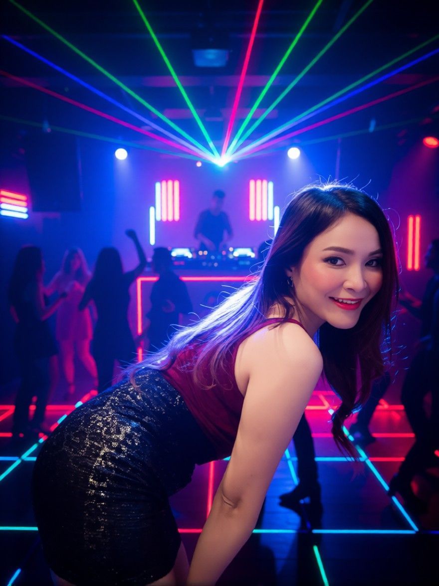 AI edited: <?= htmlspecialchars(Prompt 1: Change background into a night clubbing environment with laser light and neon lights. There is backlight on her and highlight on her hair. There are people in the background dancing in the dance floor with a DJ spinning music., ENT_QUOTES) ?>