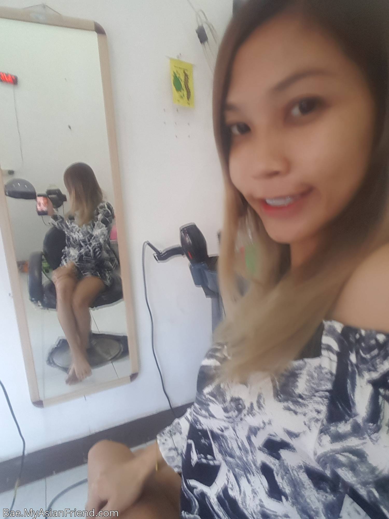 Short petite and busty Bae at her hair salon in Pattaya